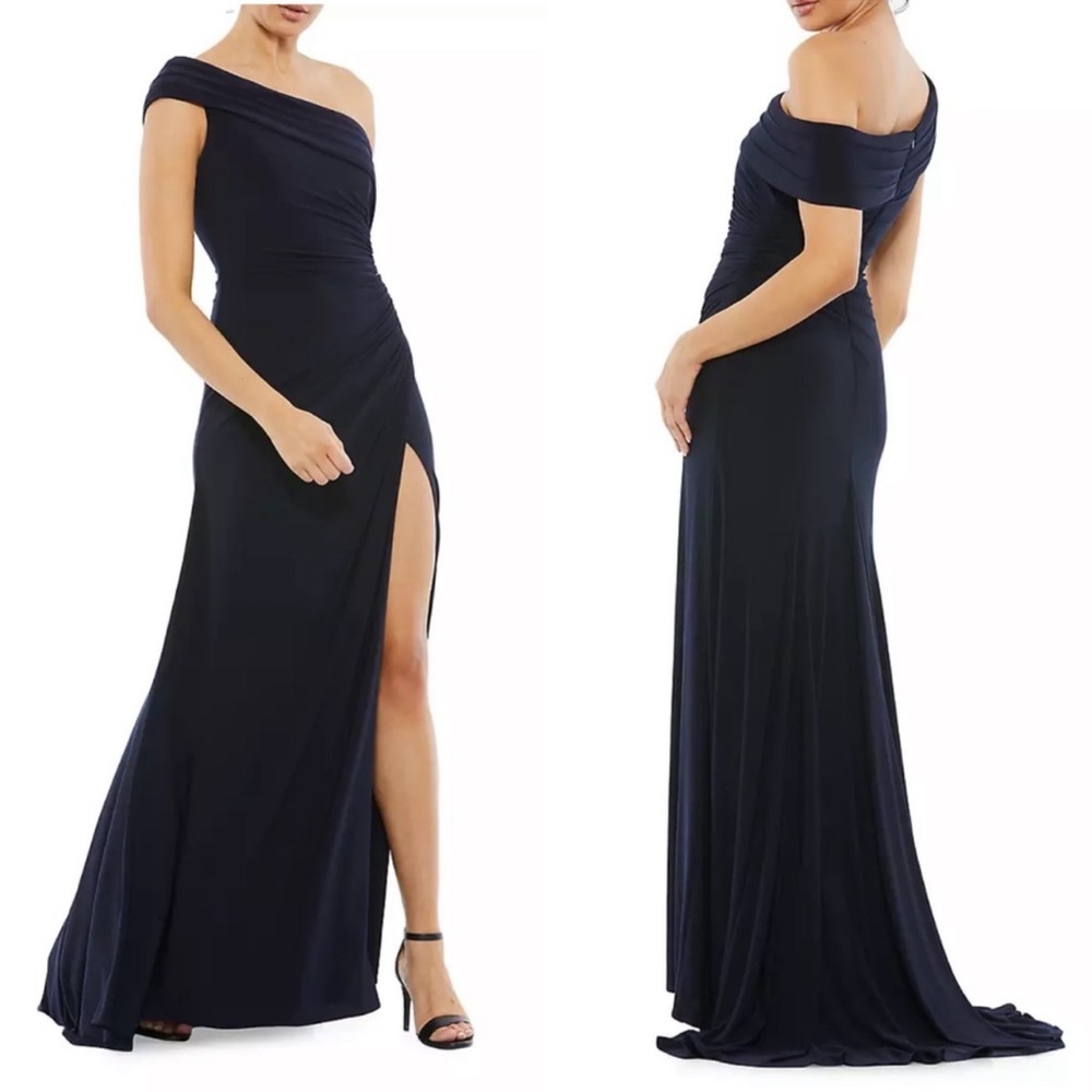 Mac Duggal 26517 Size 12 Navy Blue Jersey Knit‎ Stretch Ruched Maxi Gown Dress